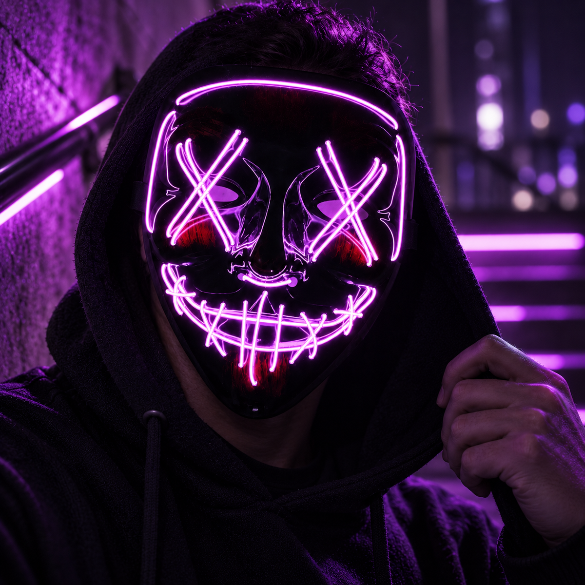LED Purge Style Light Up Mask X Eyes Stitched Smile Neon Halloween