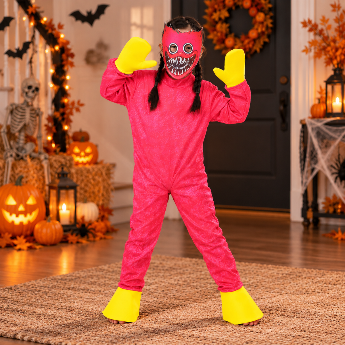 Kids Plush Monster Costume Jumpsuit Toothy Mask Yellow Gloves Feet