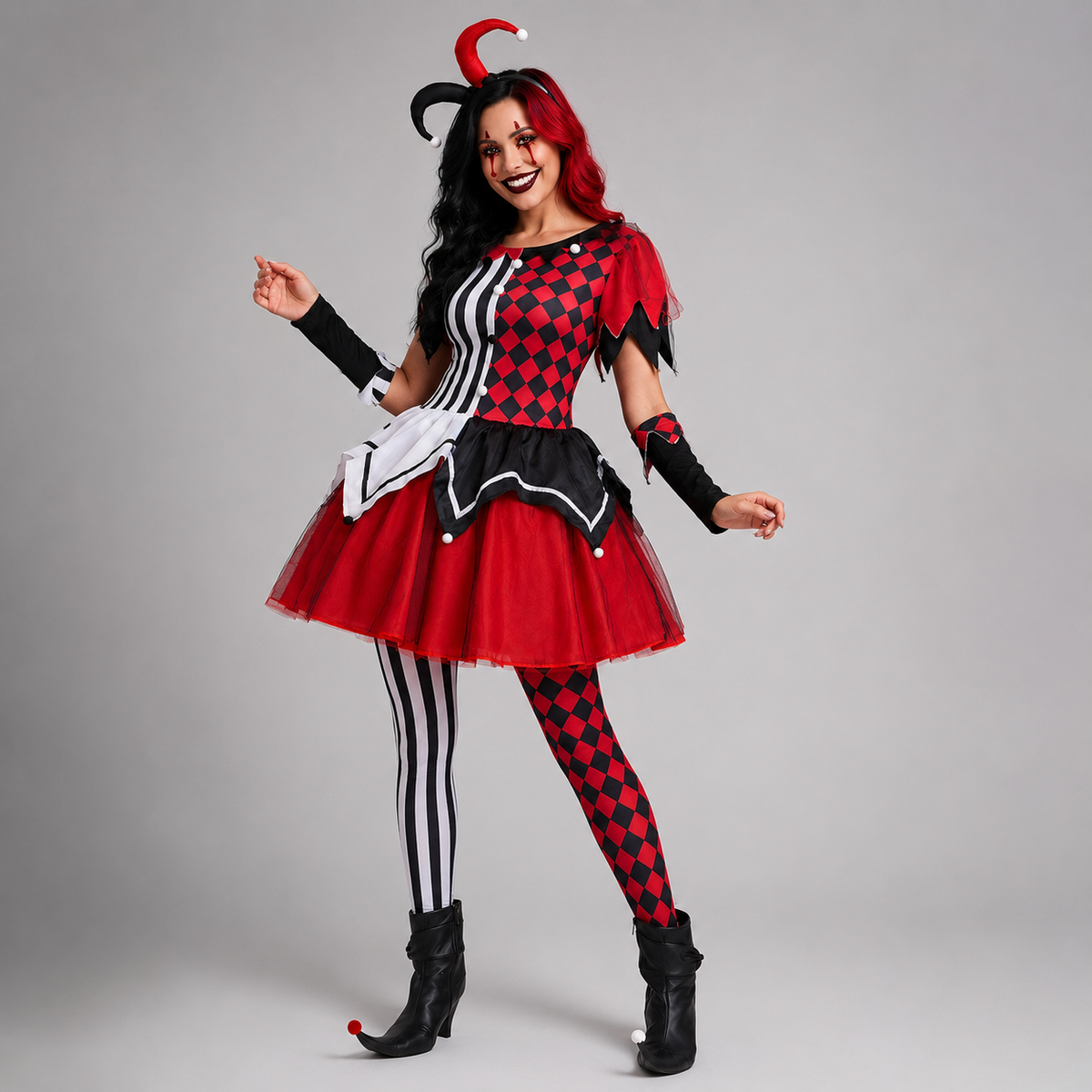 Harlequin Jester Costume Dress Red Black Diamond Tights Horn Headband