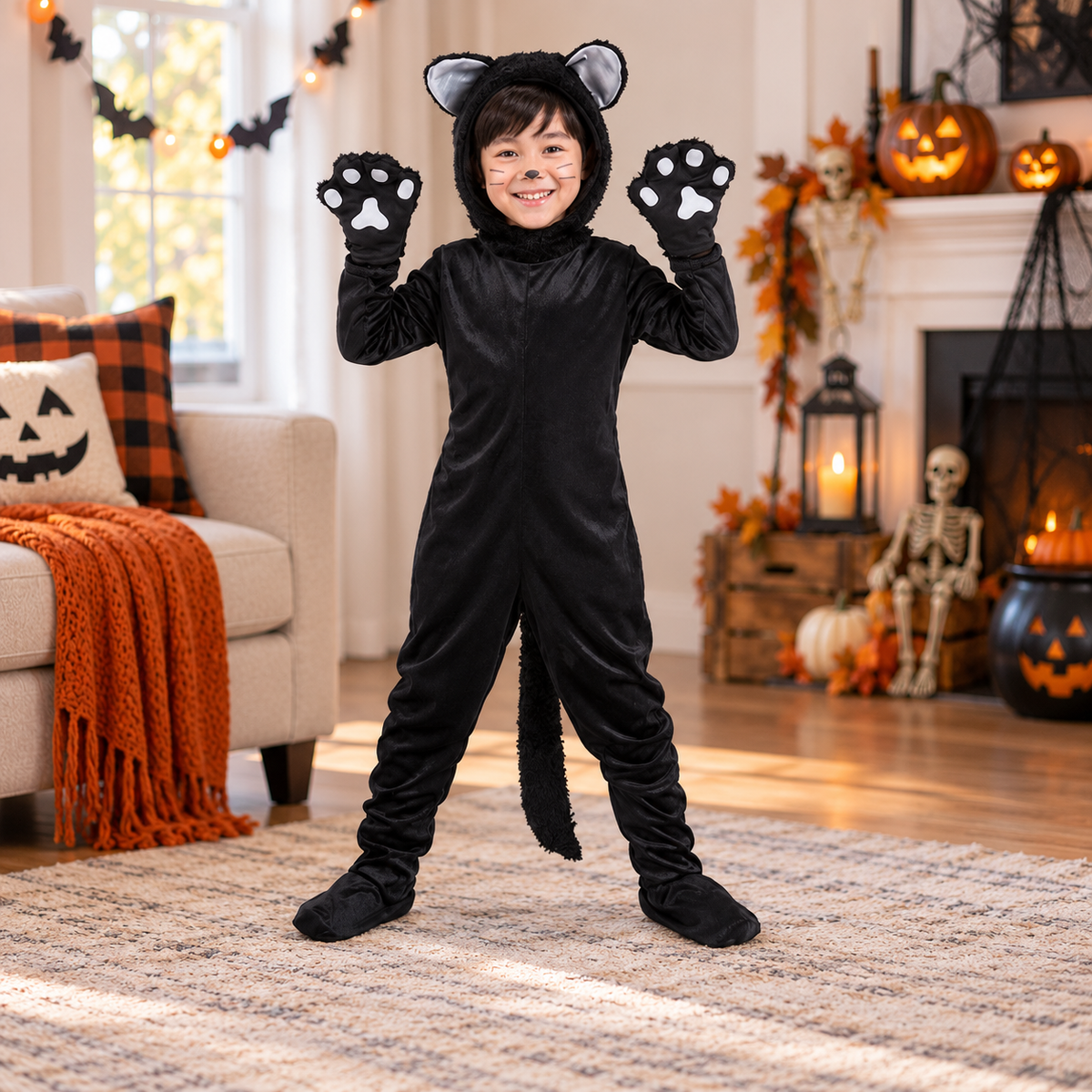 Black Cat Costume Hooded Velour Jumpsuit Paw Gloves Tail Family Set