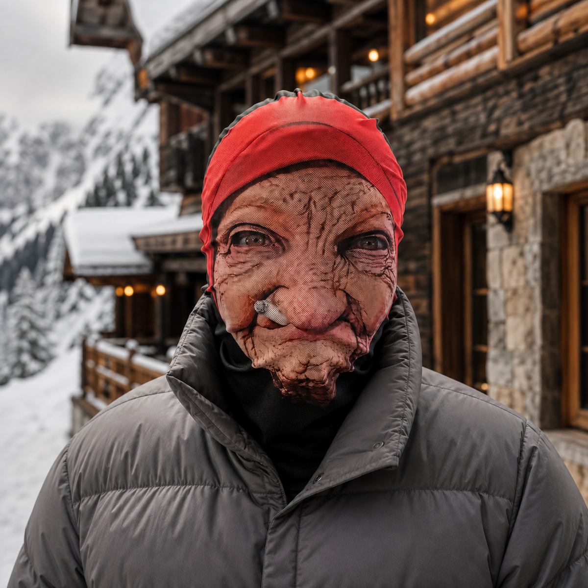 Funny Old Lady Face Mask Wrinkled Granny with Red Headscarf Prank