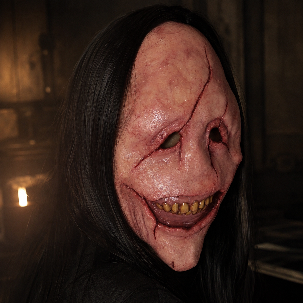 Creepy Smiling Face Latex Mask with Long Black Hair Scarred Horror