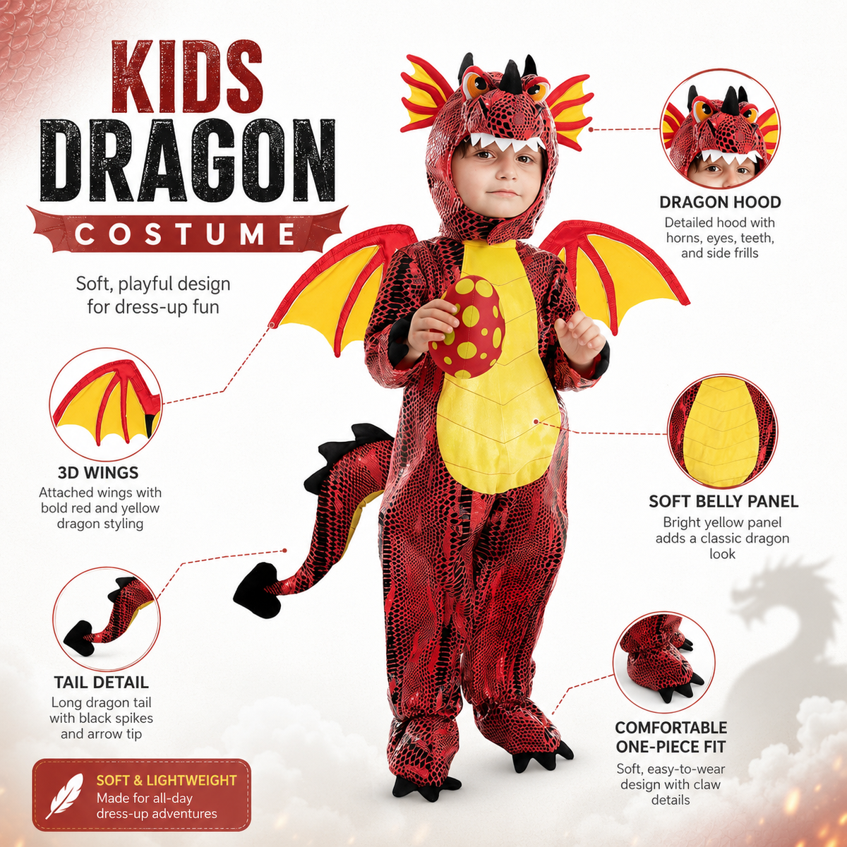 Kids Red Dragon Costume Hooded Jumpsuit with Wings and Tail Halloween