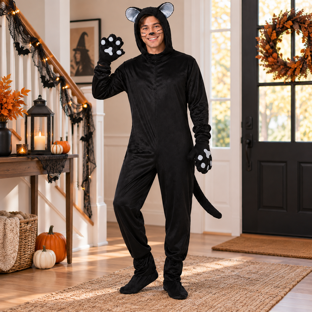 Black Cat Costume Hooded Velour Jumpsuit Paw Gloves Tail Family Set
