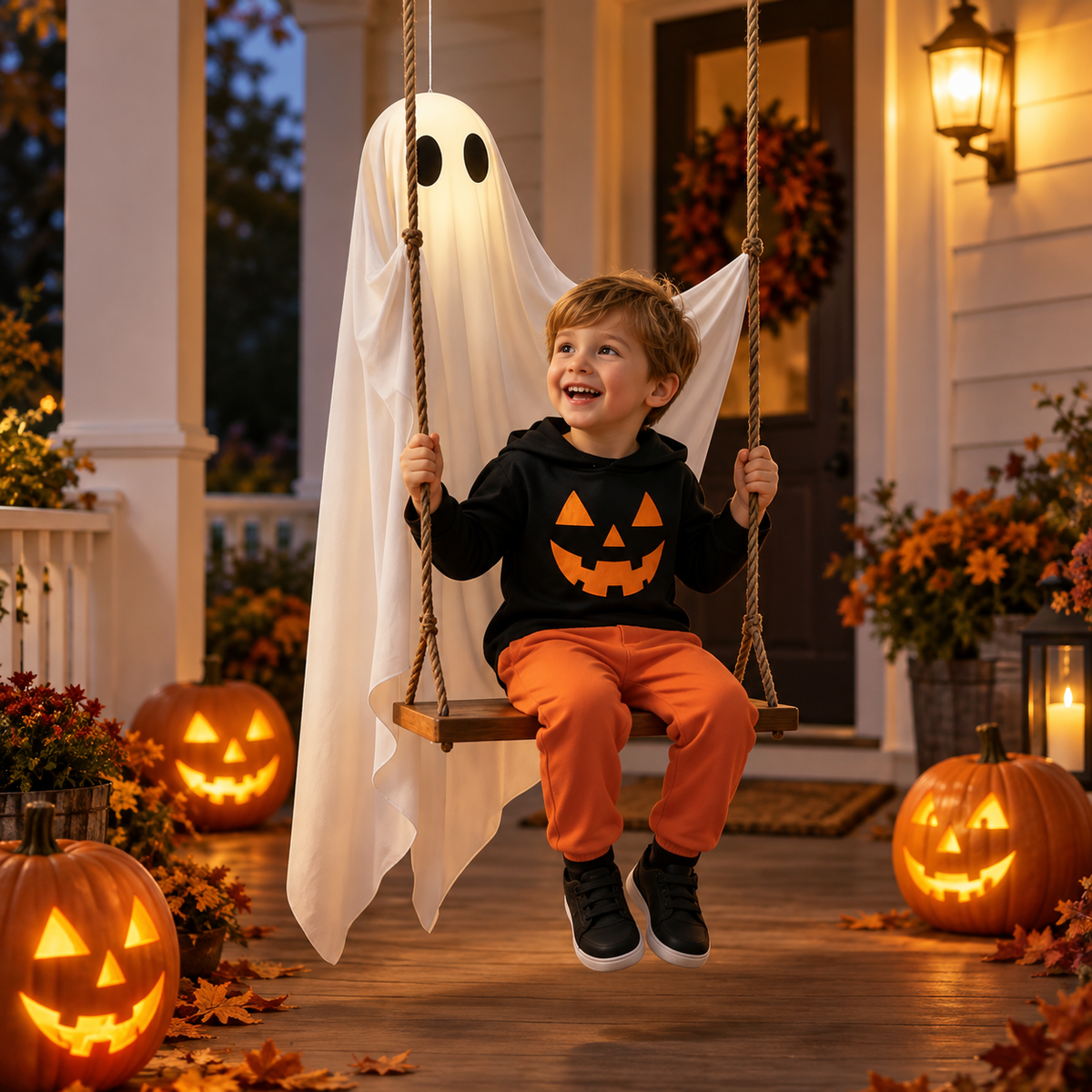 Hanging Ghost Swing Halloween Decoration Wooden Seat Porch Tree Decor