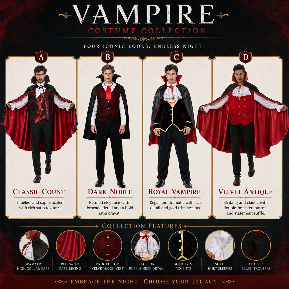 Mens Gothic Vampire Costume Set Cape Vest Shirt Count Noble Royal