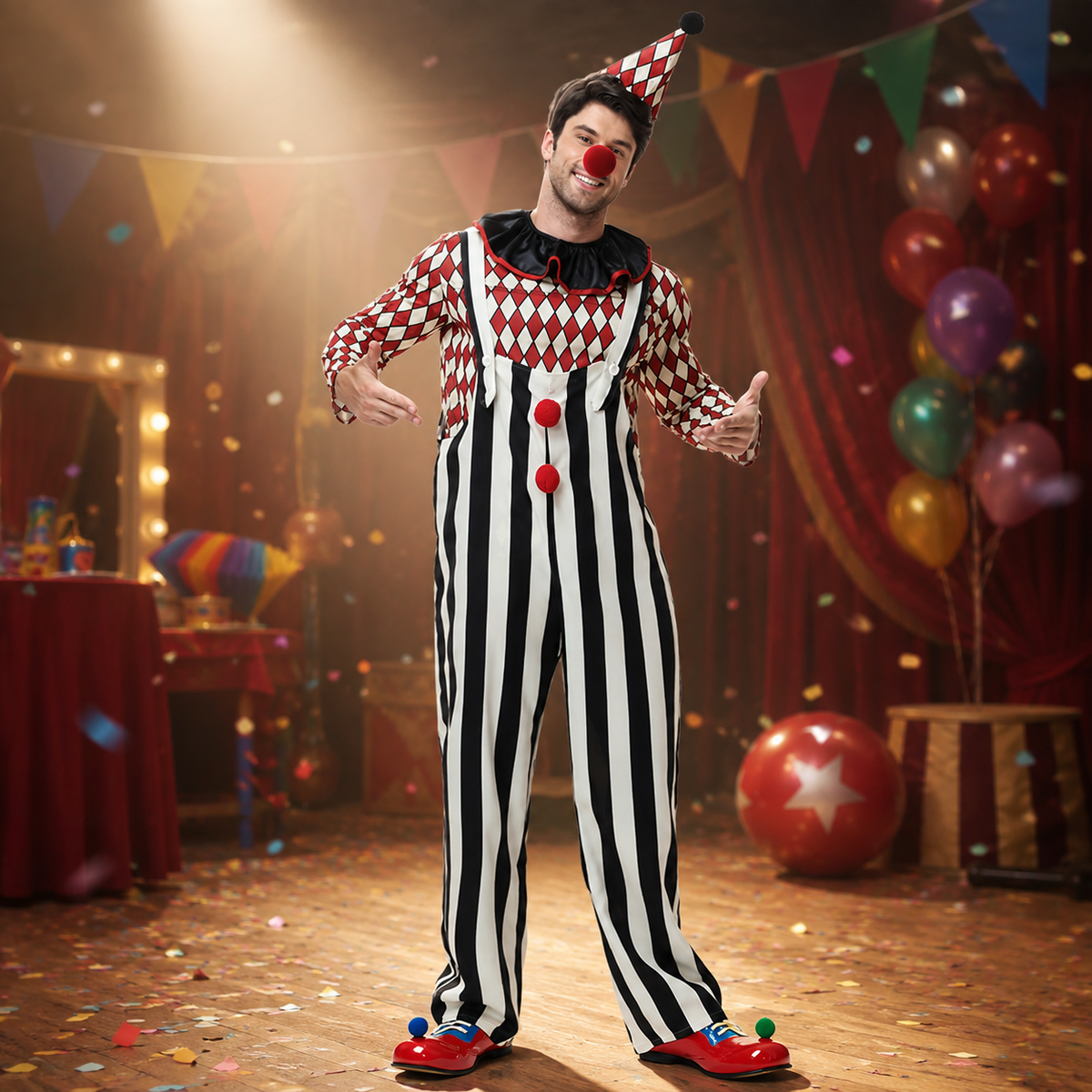 Classic Circus Clown Costume Mens Overalls or Womens Dress with Hat