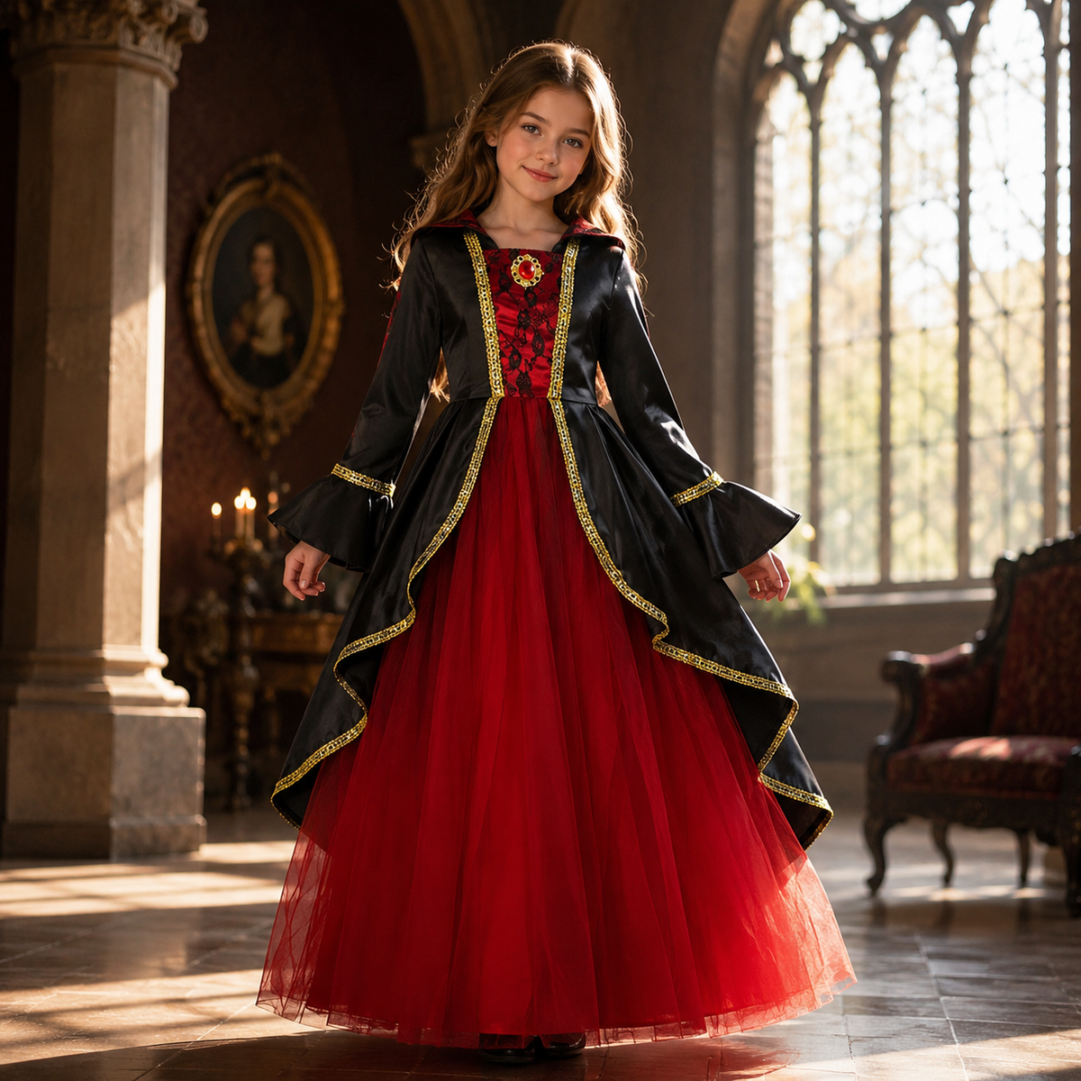 Girls Victorian Vampire Dress Costume Red Black Gown Hat Choker
