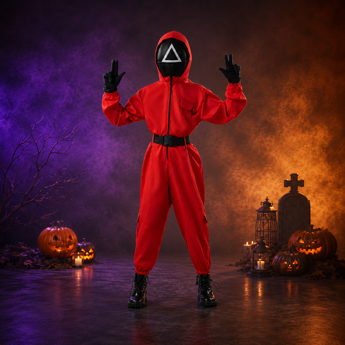 Kids Squid Game Guard Costume Red Hooded Jumpsuit Mask Gloves Belt