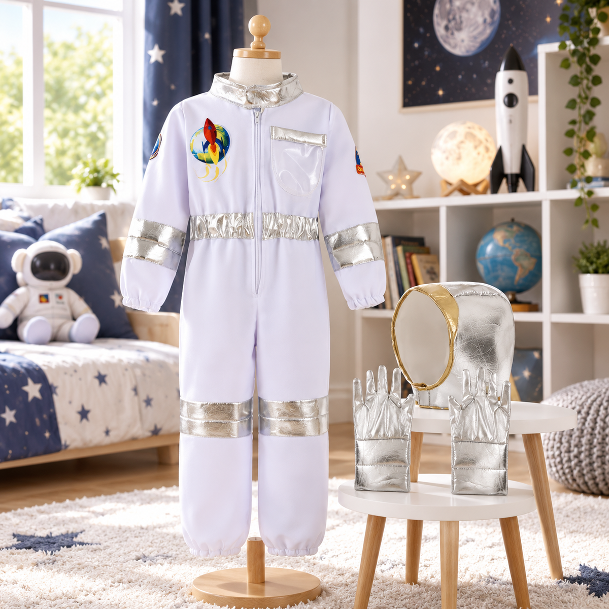Kids Astronaut Costume White Space Suit with Silver Hood and Gloves