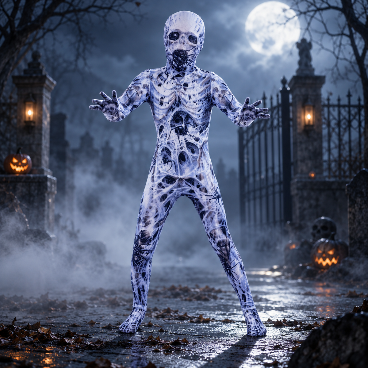 Kids Horror Morph Suit Full Body Zombie Mummy Skeleton Clown Faceless