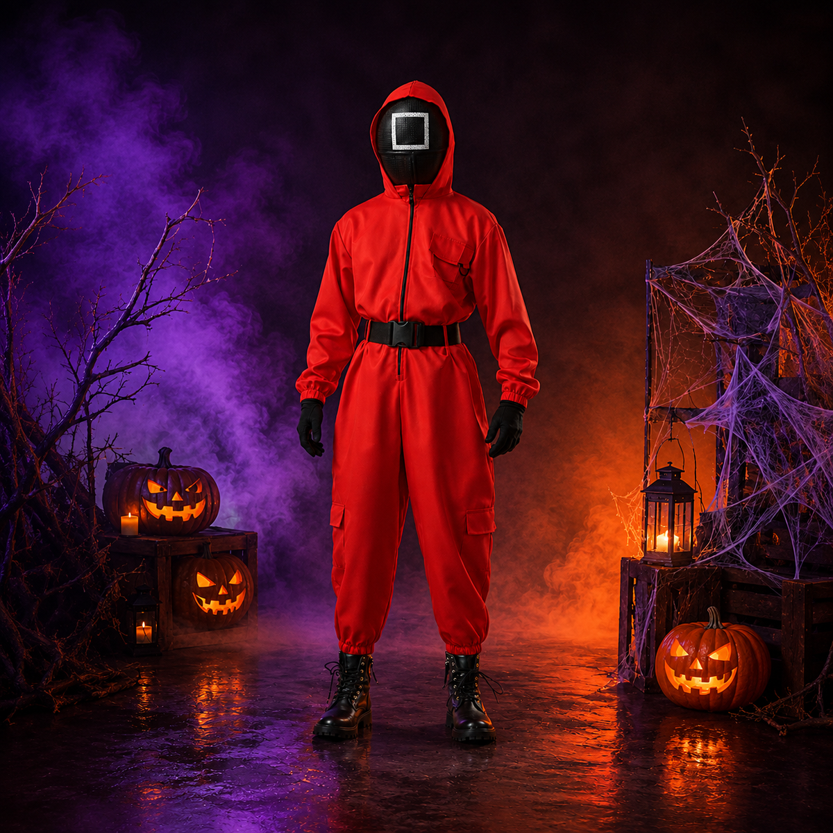 Kids Squid Game Guard Costume Red Hooded Jumpsuit Mask Gloves Belt