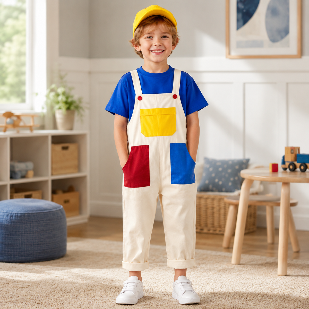 Kids Plumber Costume Colorblock Bib Overalls T Shirt Cap 3 Piece Set