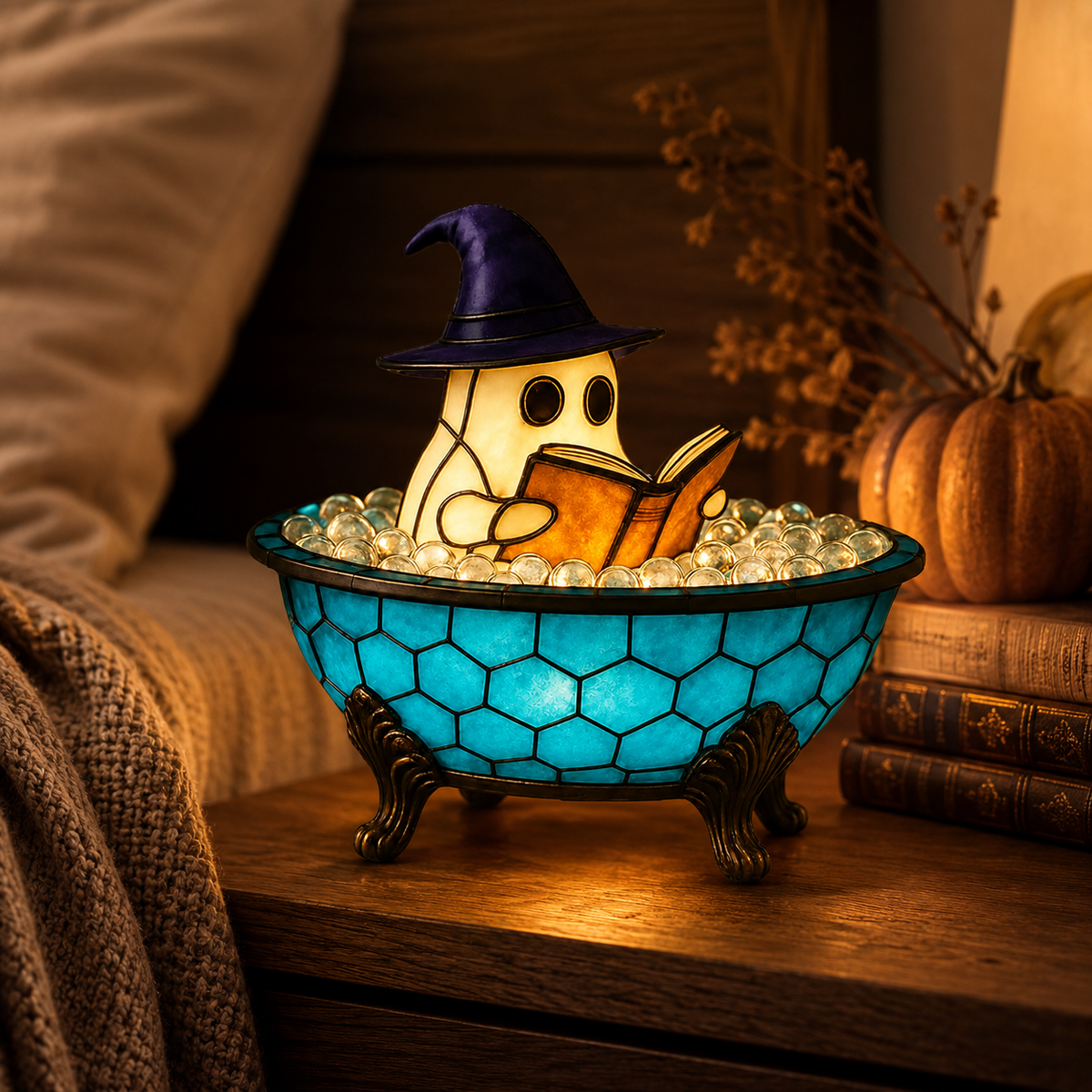 Ghost Bubble Bath LED Night Light Witch Hat Stained Glass Style Lamp