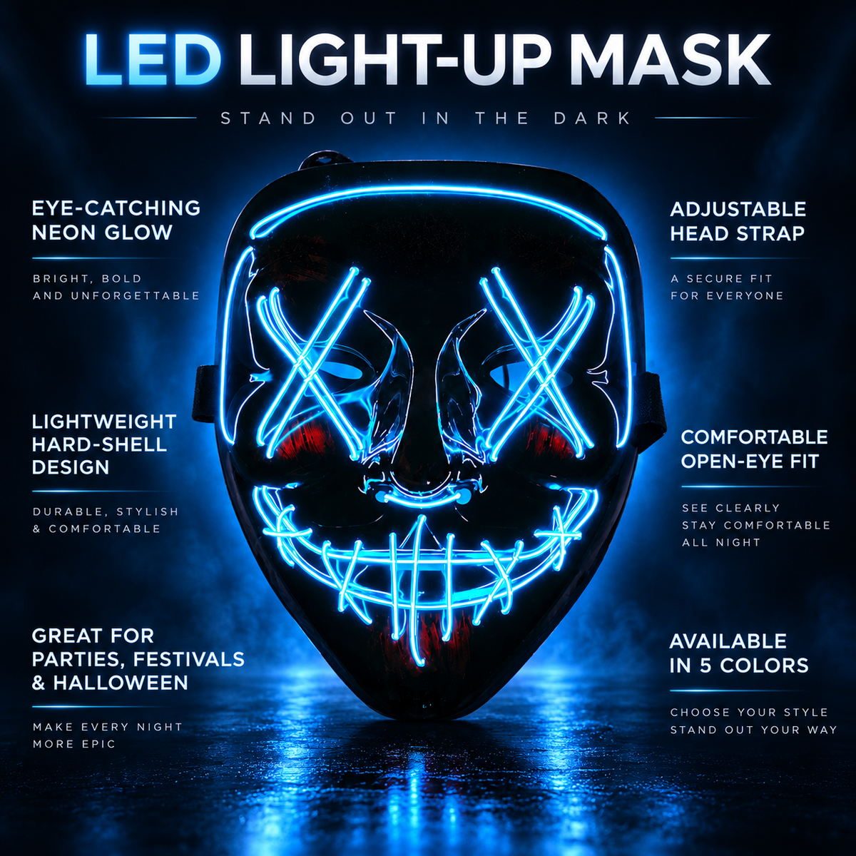 LED Purge Style Light Up Mask X Eyes Stitched Smile Neon Halloween
