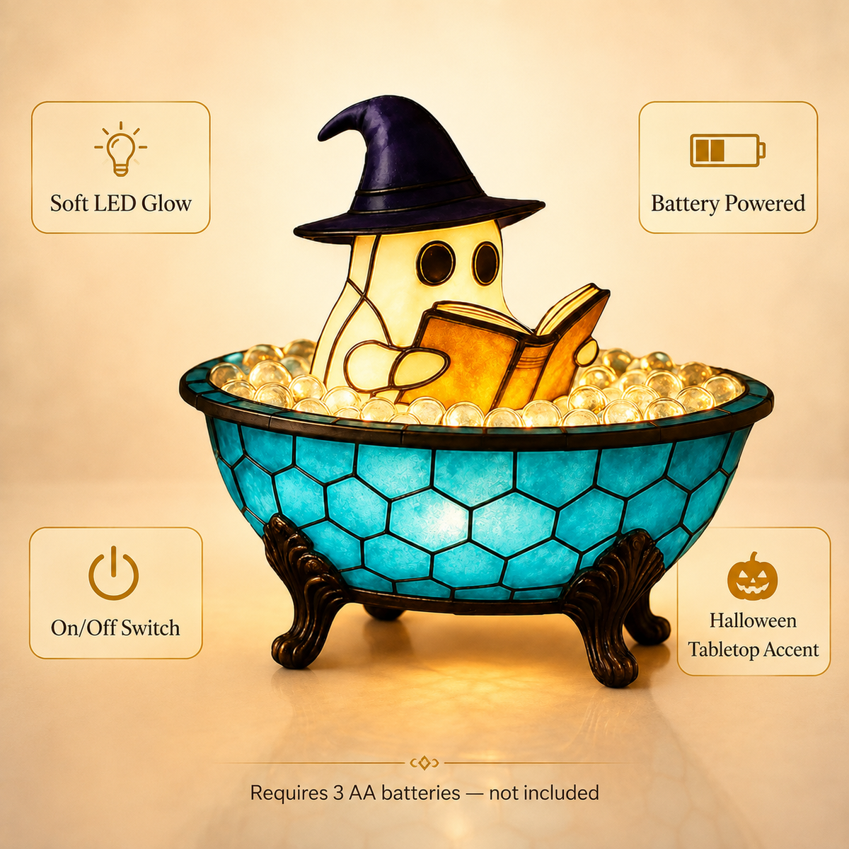Ghost Bubble Bath LED Night Light Witch Hat Stained Glass Style Lamp