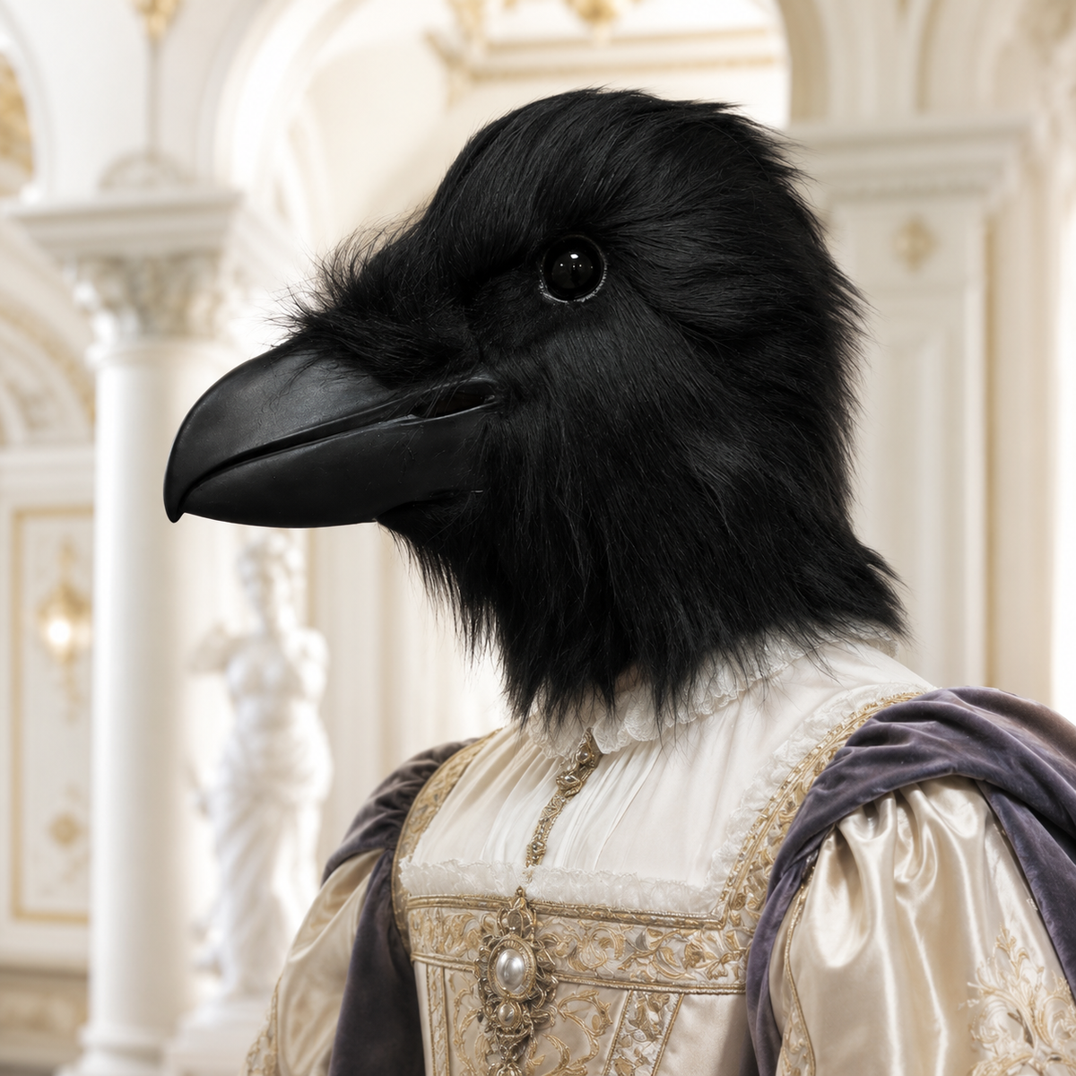 Black Raven Crow Mask Full Head Faux Fur Bird Mask Sculpted Beak