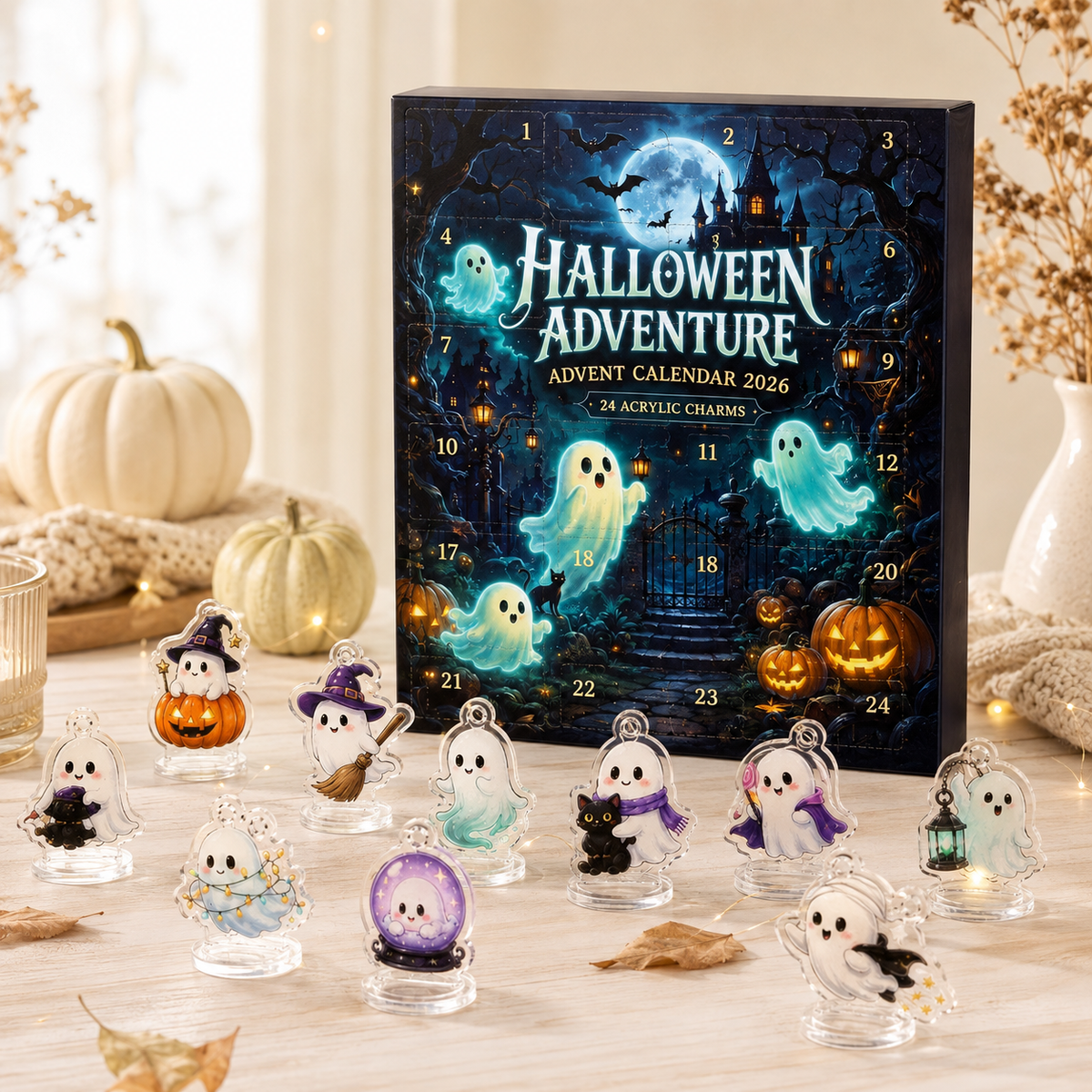 Halloween Advent Calendar 24 Ghost Acrylic Charms with Display Stands
