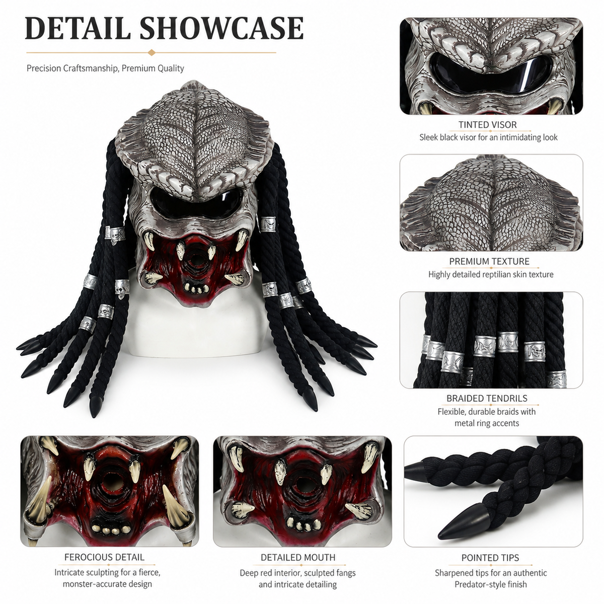 Alien Hunter Predator Style Mask Full Head Braided Dreadlocks Fangs