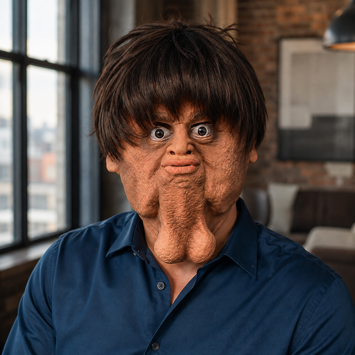Big Chin Gag Mask Adult Novelty Latex Face Mask with Brown Wig Prank
