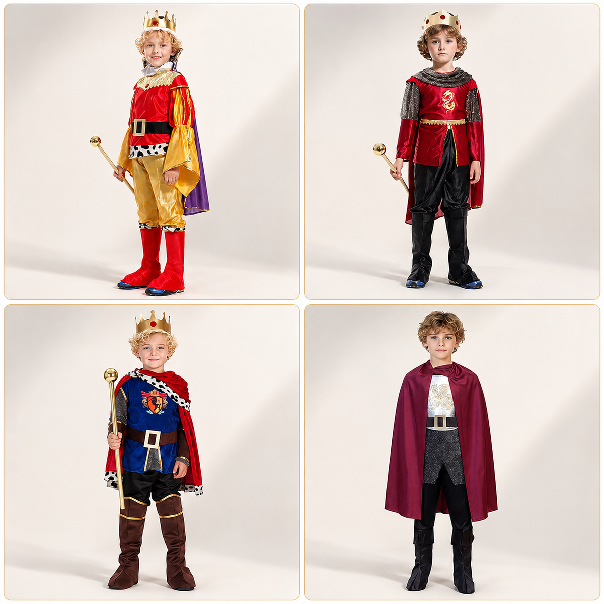 Kids King Costume with Crown Scepter and Cape Four Royal Styles