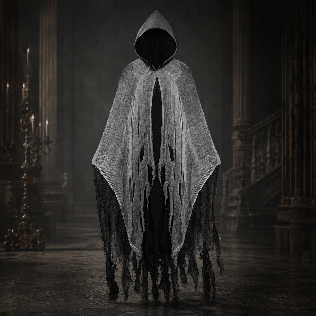 Adult Ragged Hooded Ghost Cloak Tattered Gauze Wraith Costume Cape