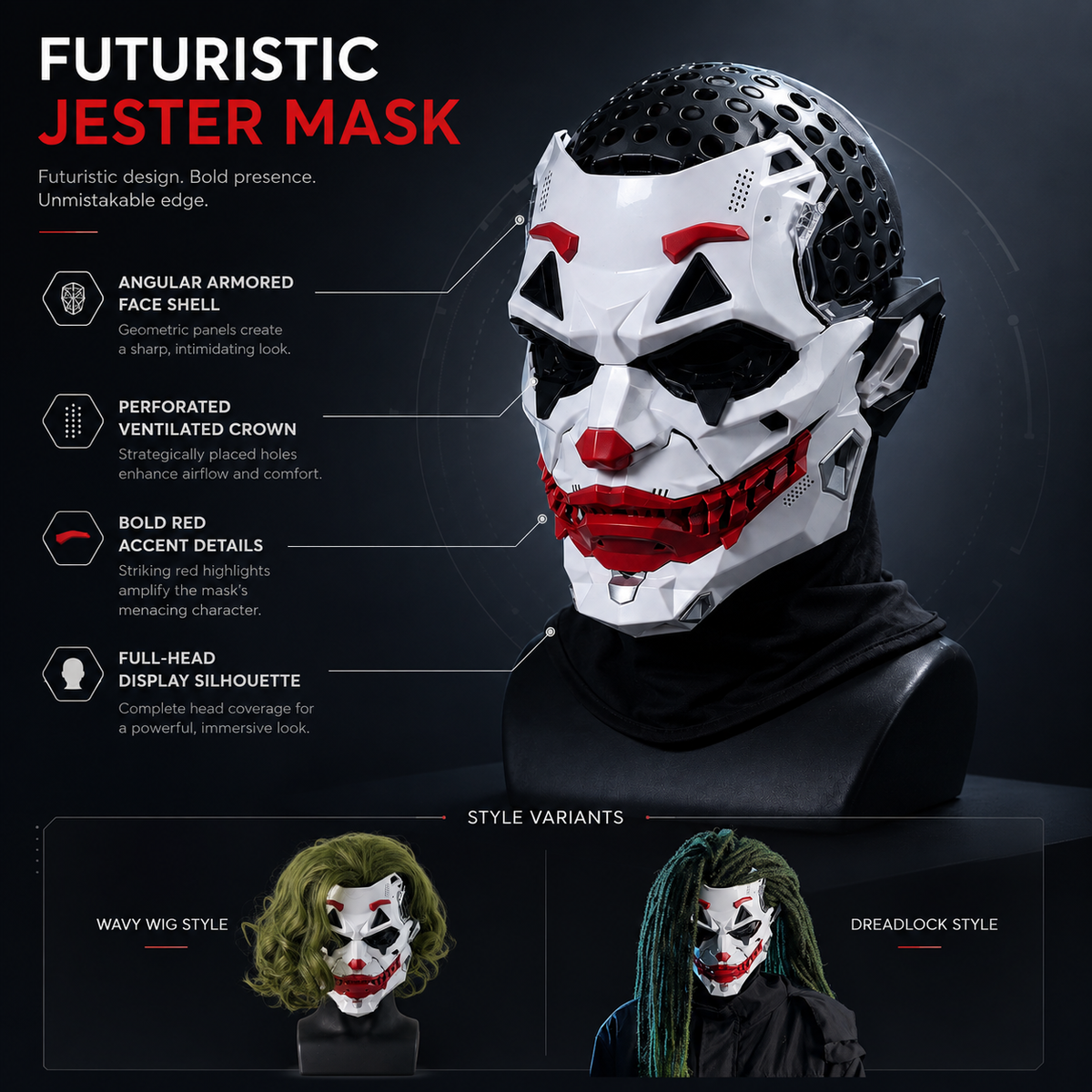 Futuristic Jester Clown Mask White Armored Face Wavy or Dreadlock Wig