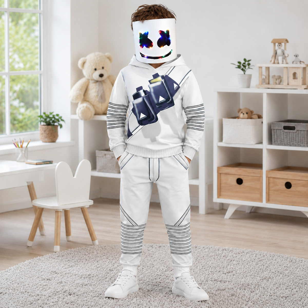 Kids Marshmello Style DJ Costume White Hoodie Joggers Mask Options