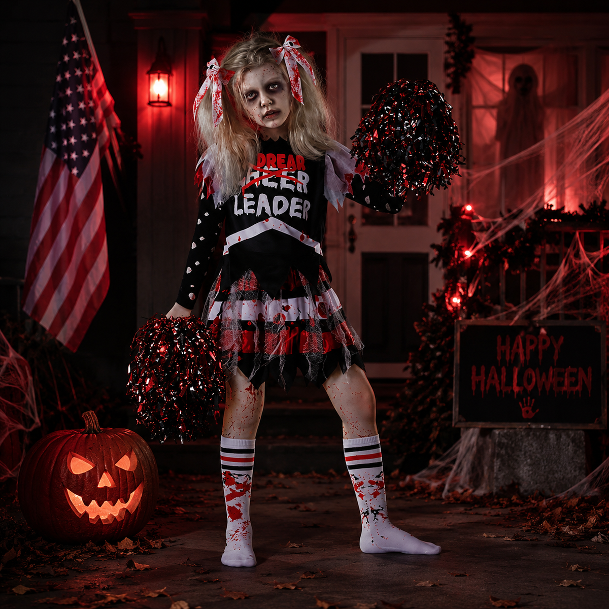 Kids Zombie Cheerleader Costume Bloody Skull Uniform Dress 11 Styles