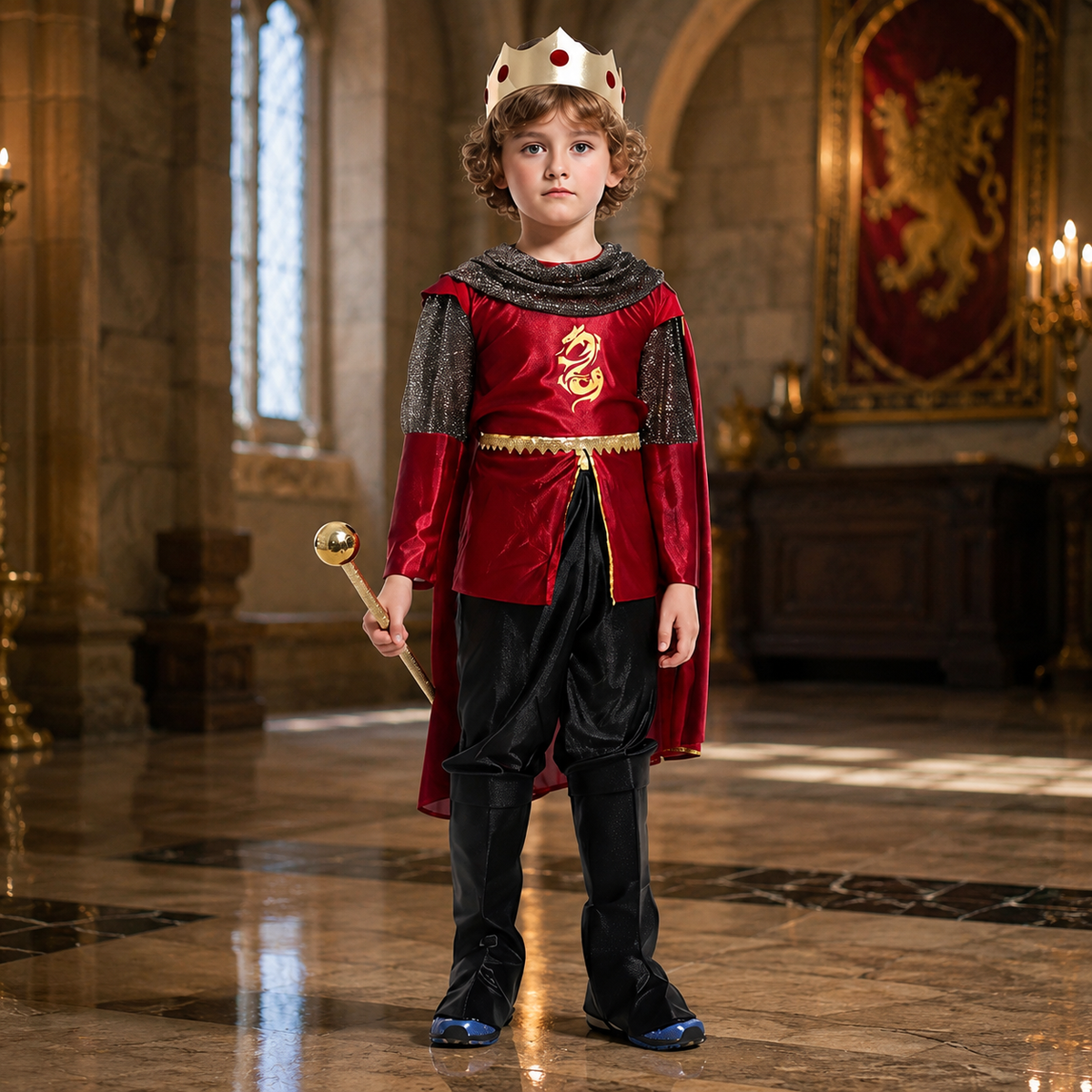 Kids King Costume with Crown Scepter and Cape Four Royal Styles