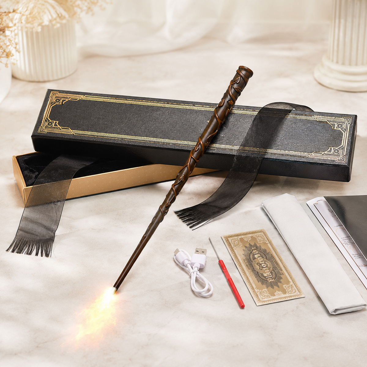 Fire Shooting Magic Wand USB Rechargeable Flame Effect Wizard Gift Box