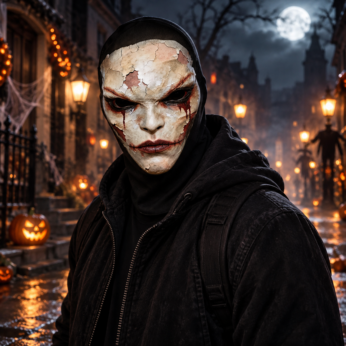 Cracked Porcelain Horror Face Hooded Balaclava Halloween Mask