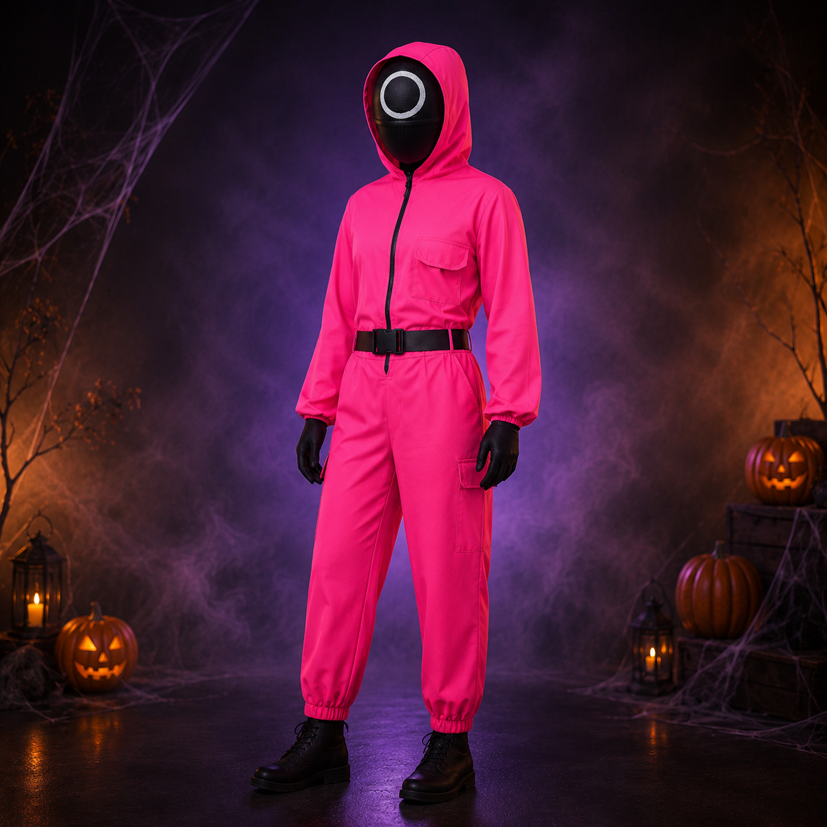 Adult Squid Game Guard Costume Hot Pink Jumpsuit Mask Belt Gloves