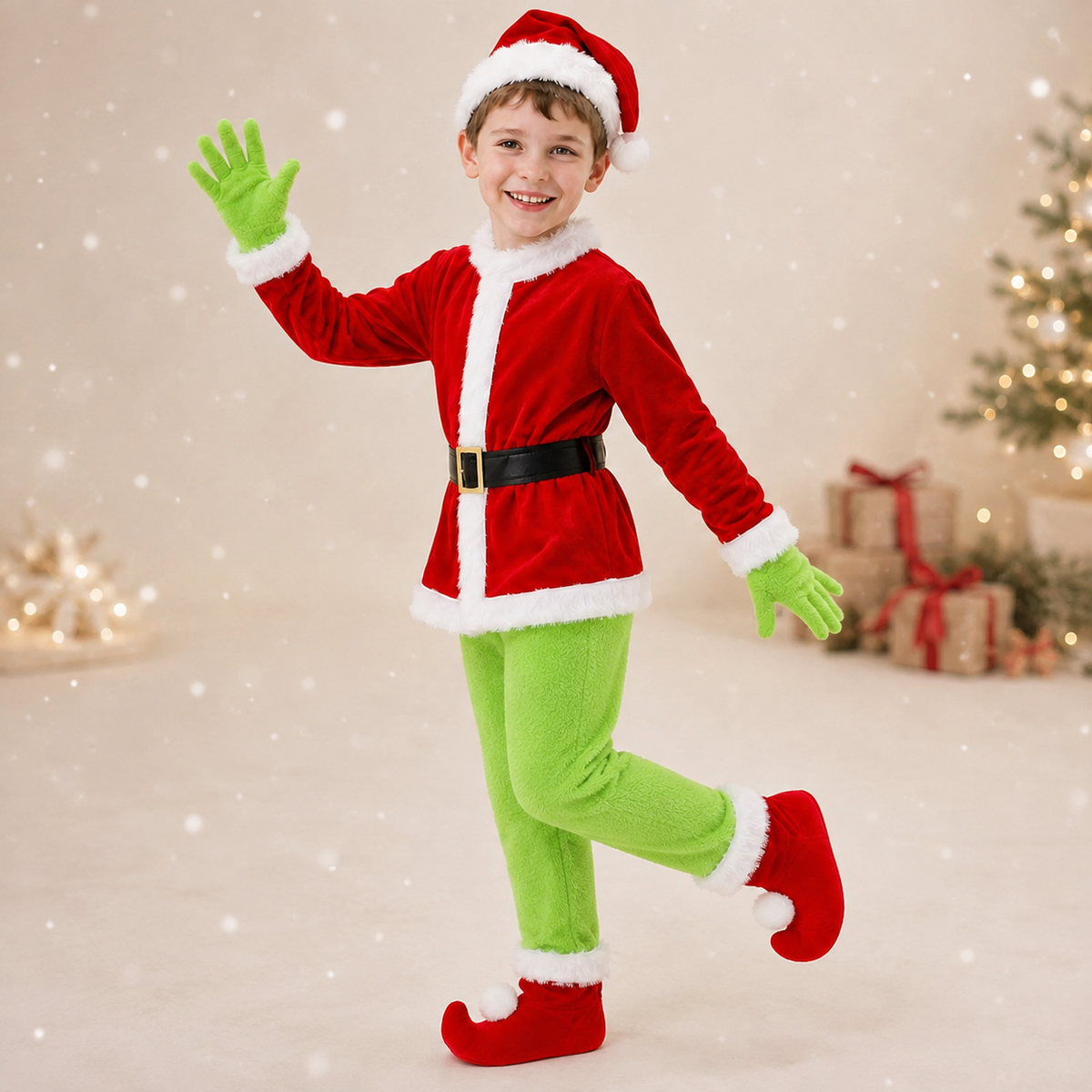 Boys Green Christmas Elf Costume Santa Jacket Hat Gloves Curled Shoes