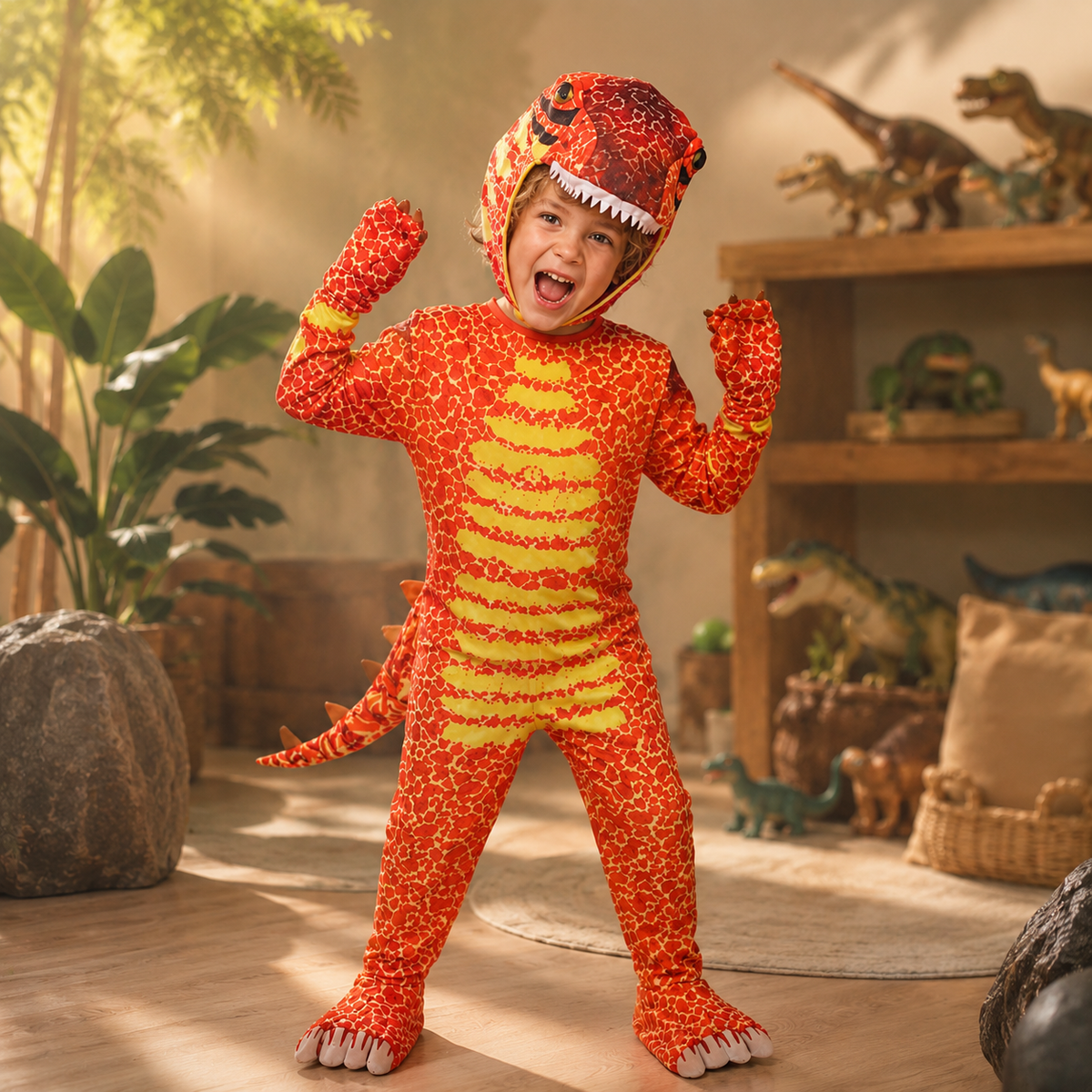 Kids Dinosaur Costume T Rex Triceratops Jumpsuit with Headpiece Gloves