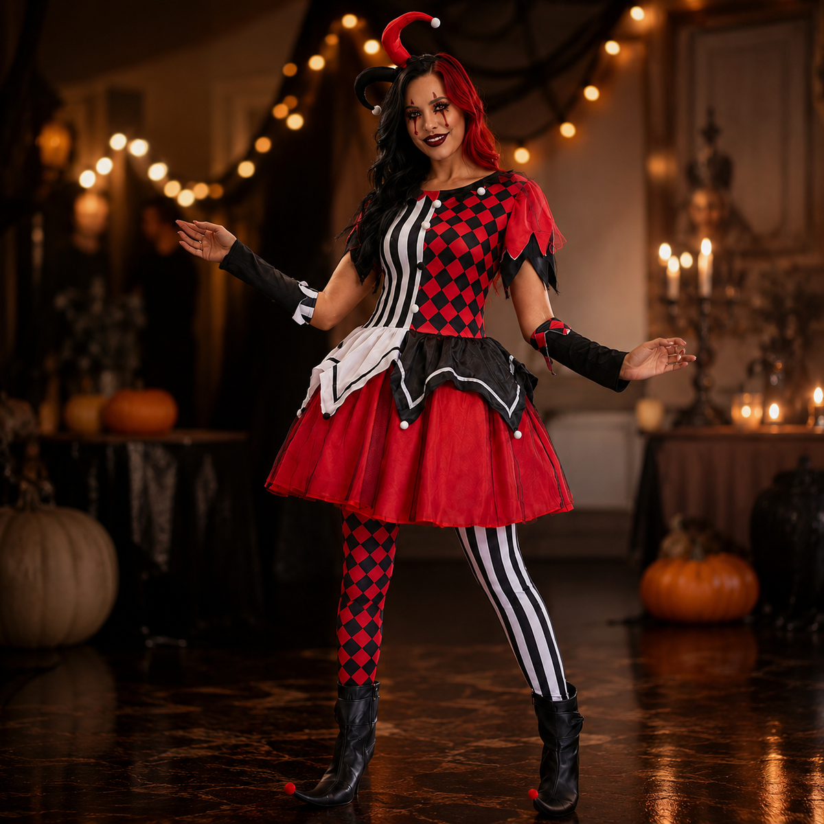 Harlequin Jester Costume Dress Red Black Diamond Tights Horn Headband