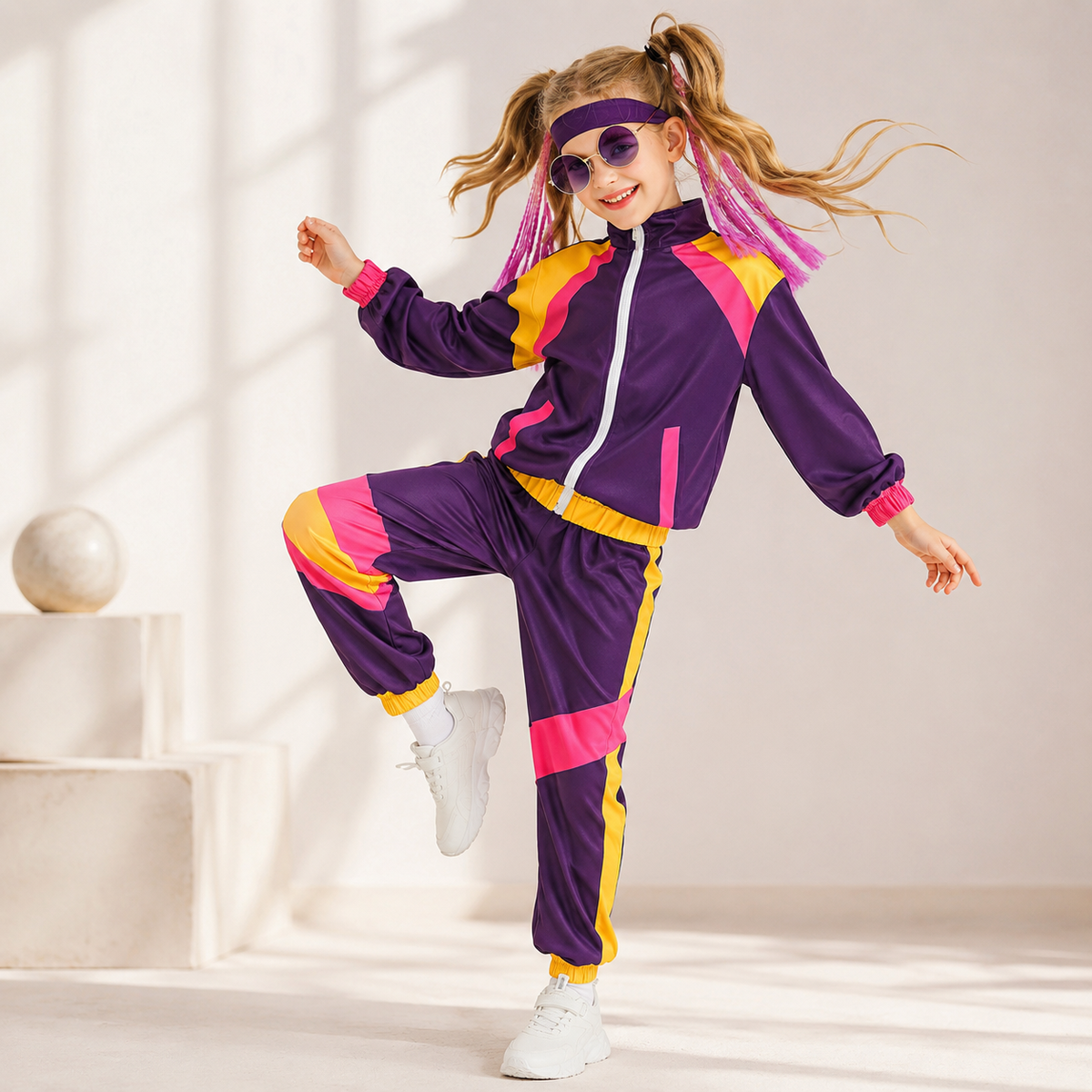 Kids 80s Retro Tracksuit Costume Color Block Jacket Pants Headband