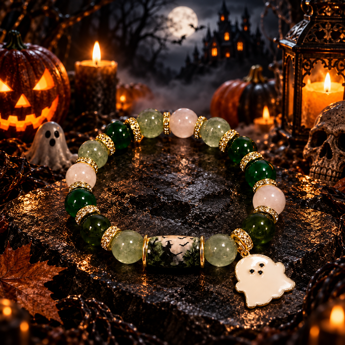Halloween Charm Bracelet Stretch Bead Bat Pumpkin Ghost Castle