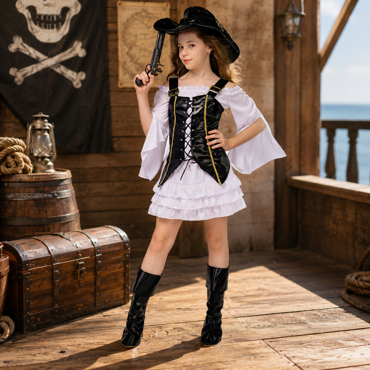 Girls Pirate Costume White Ruffle Dress Black Corset Vest Halloween