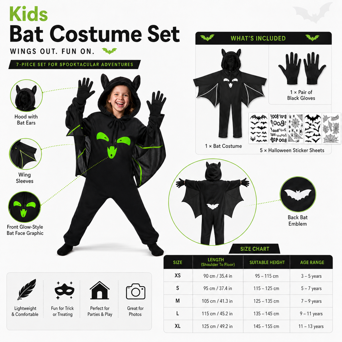 Kids Bat Costume Set Hooded Jumpsuit Wings Glow Face Gloves Stickers