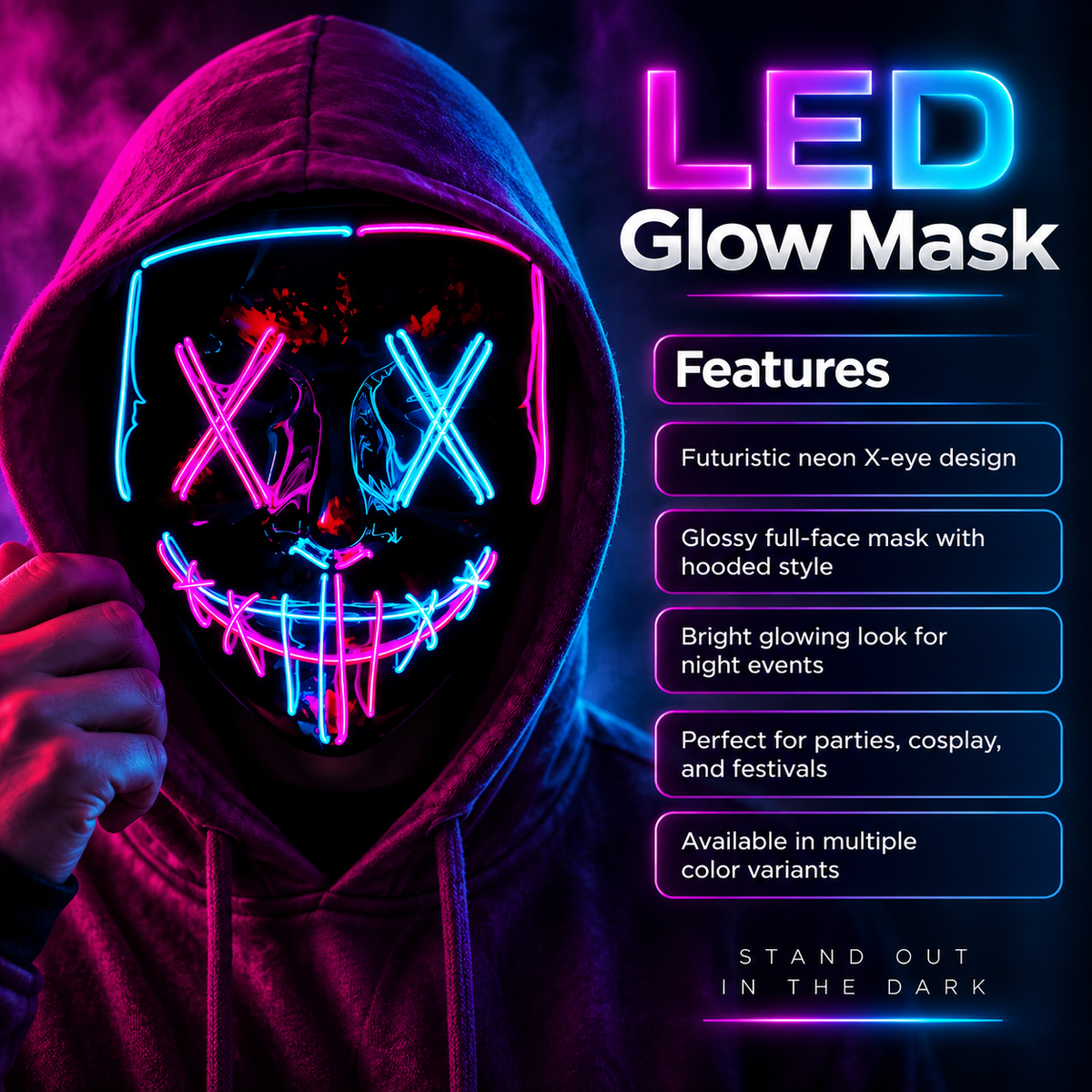 Dual Color LED Purge Mask Neon X Eyes Stitched Grin Battery Box Strap