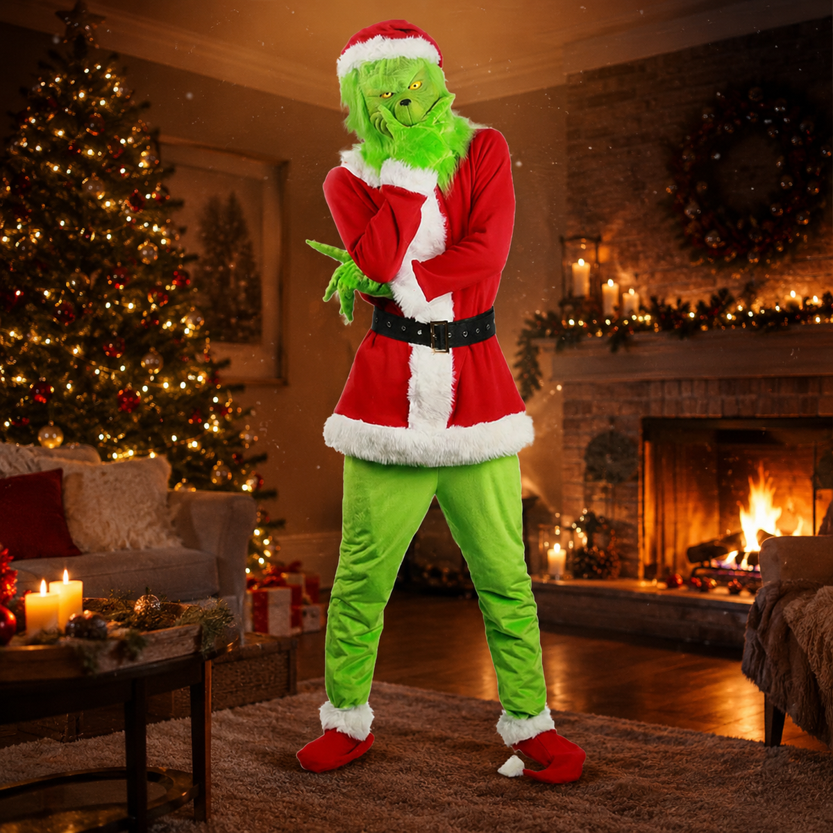 Green Christmas Grinch Style Costume Furry Mask Santa Suit Kids Adults