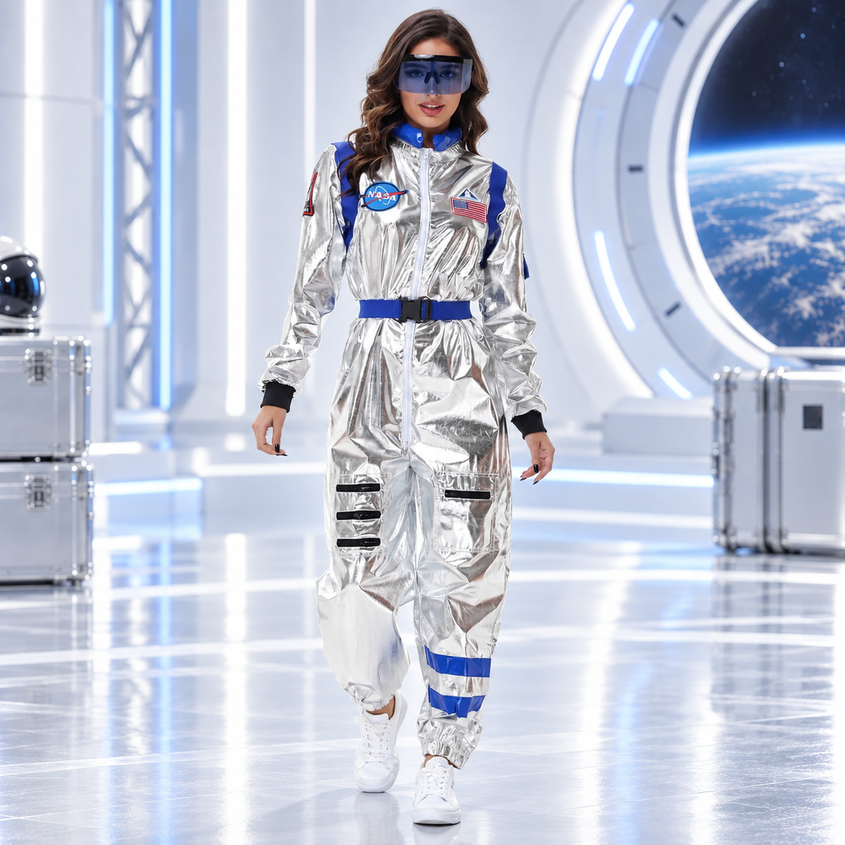 Adult Silver Astronaut Costume Metallic Space Suit Jumpsuit Visor Belt