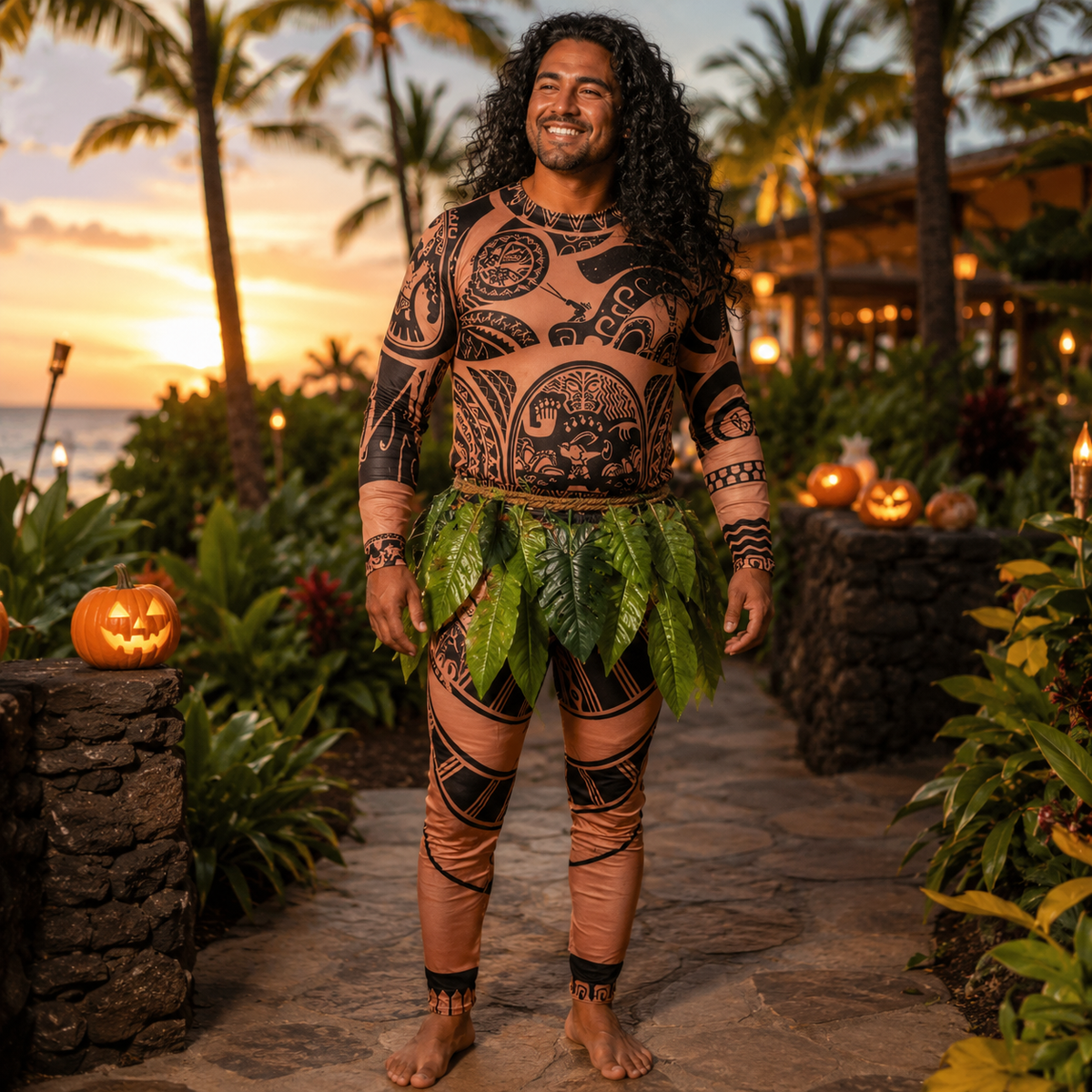 Maui Style Costume Tattoo Print Bodysuit Leaf Skirt Kids and Adults