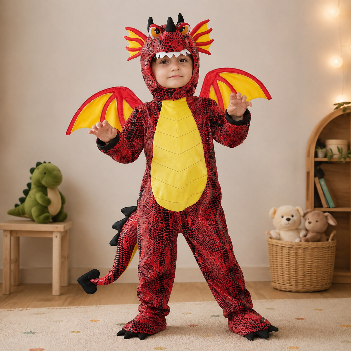 Kids Red Dragon Costume Hooded Jumpsuit with Wings and Tail Halloween