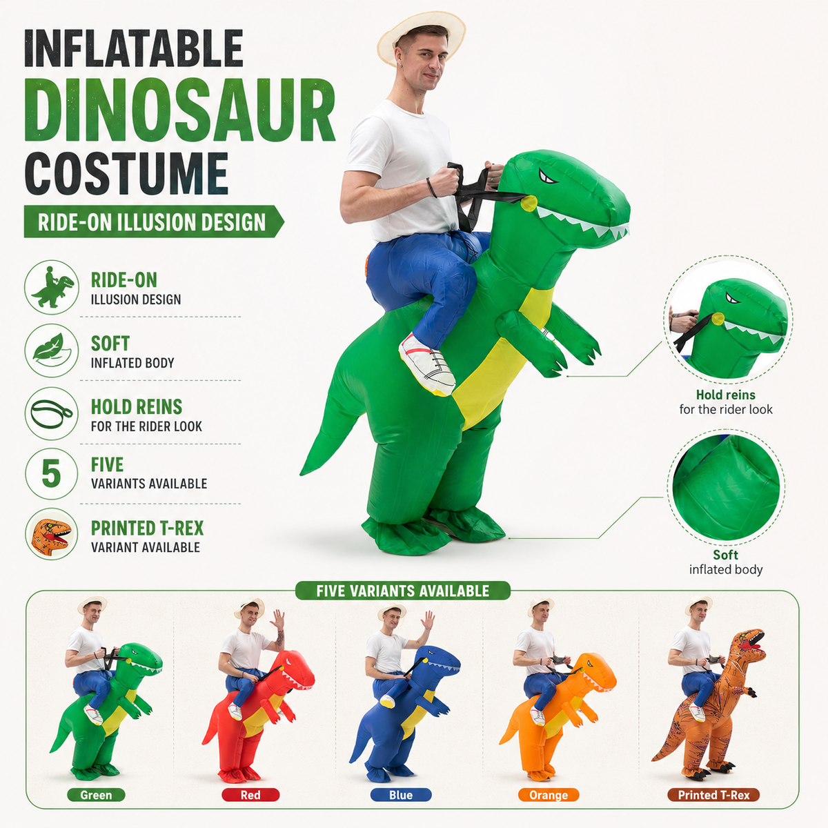 Inflatable T Rex Ride On Costume Dinosaur Rider Blow Up Suit 5 Colors