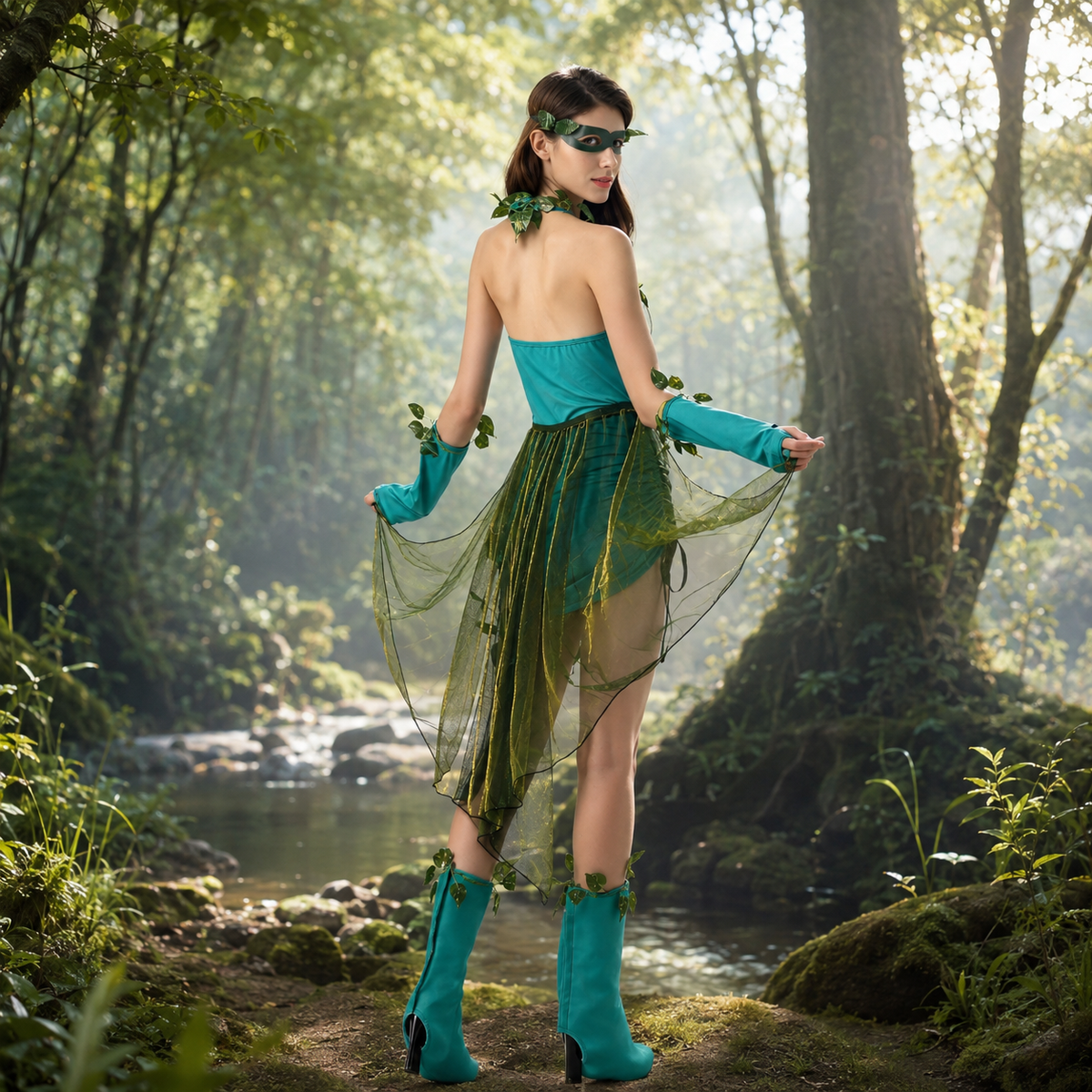 Forest Nymph Costume Green Leaf Dress Mask Arm Sleeves Boot Covers