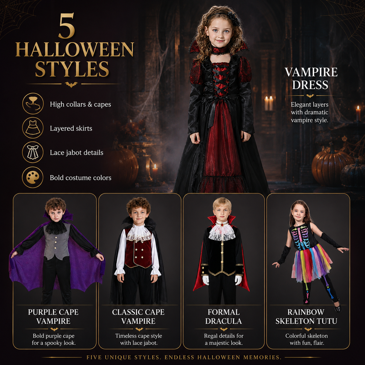 Kids Vampire Costume Girls Dress Boys Cape Dracula or Rainbow Skeleton