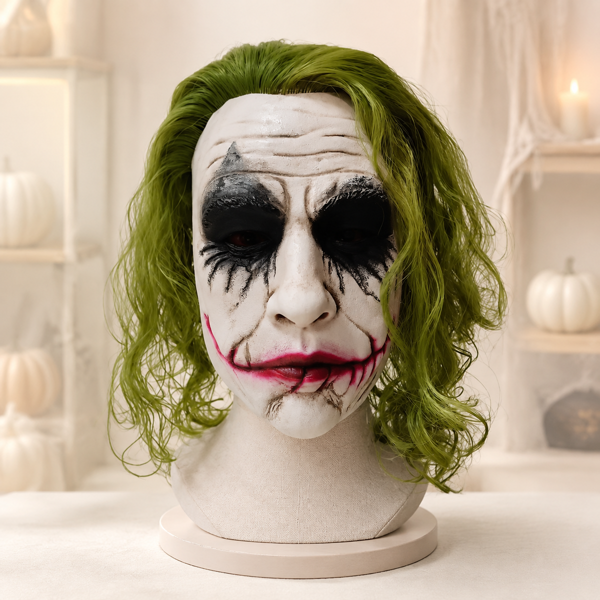 Joker Style Latex Mask with Wavy Green Hair Scarred Smile Clown Villain
