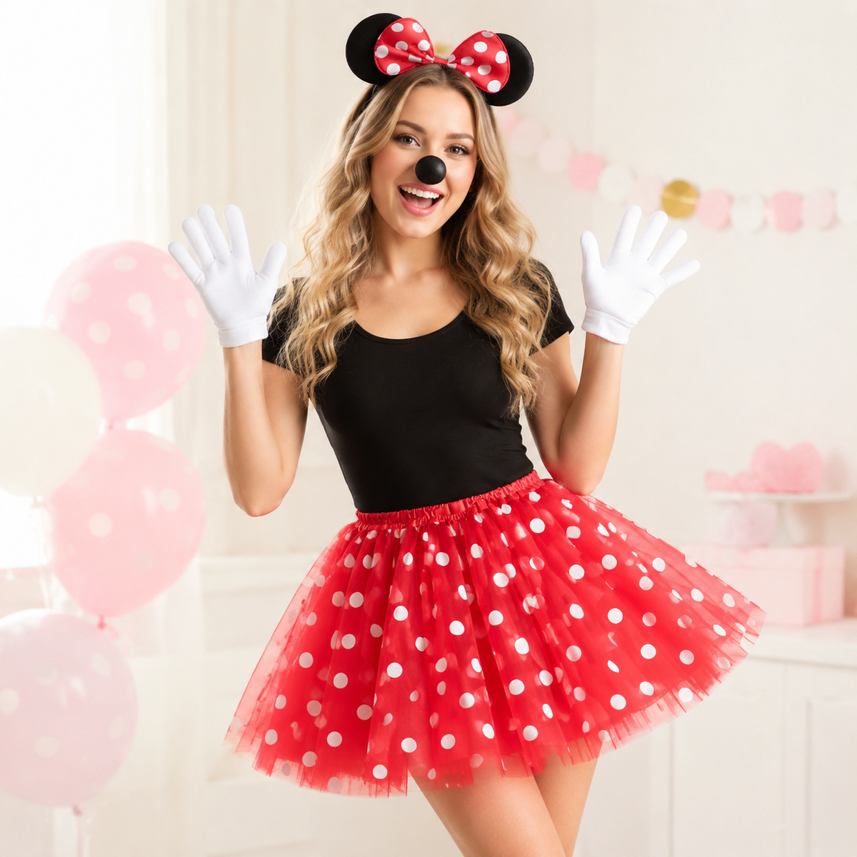 Mouse Ears Headband Polka Dot Tutu Skirt Gloves Nose Costume Set